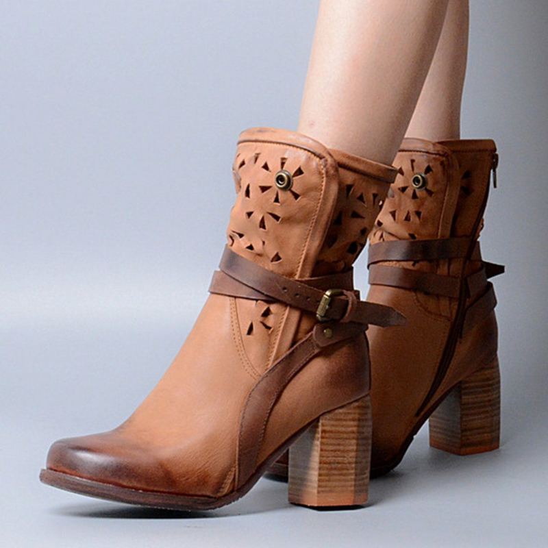 Brittisk Stil Chunky High Heels Hollow Boots