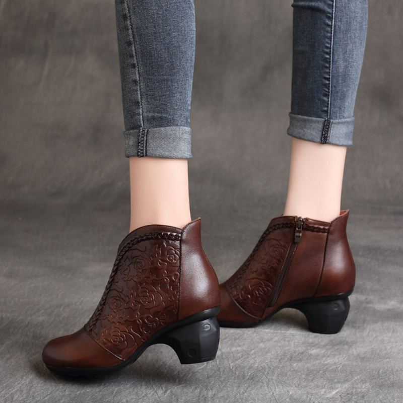 Chunky Heels Biker Boots I Präglat Läder