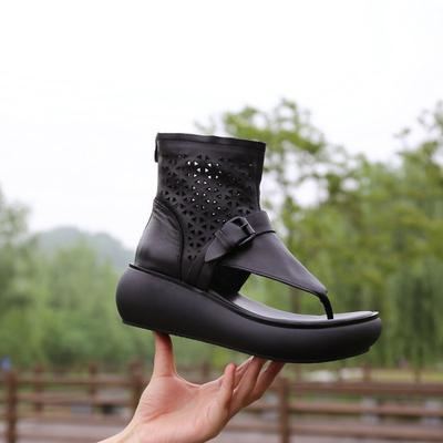 Dam Sommar Läder Hollow Out Casual Clip Toe Boots Sandaler