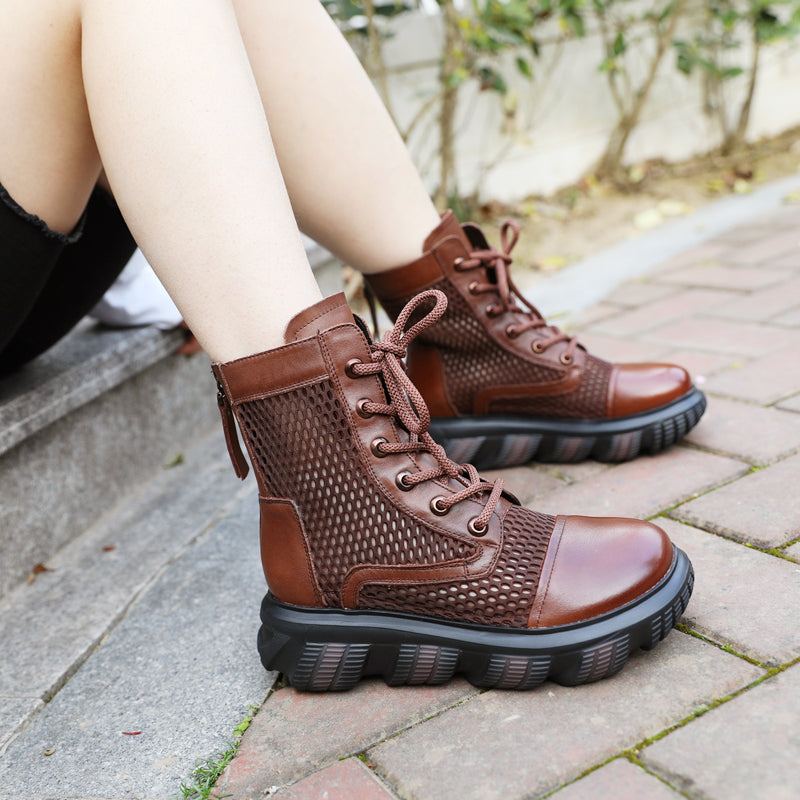 Dam Summer Hollow Mesh Läder Retro Casual Stövlar Boots Stövlar