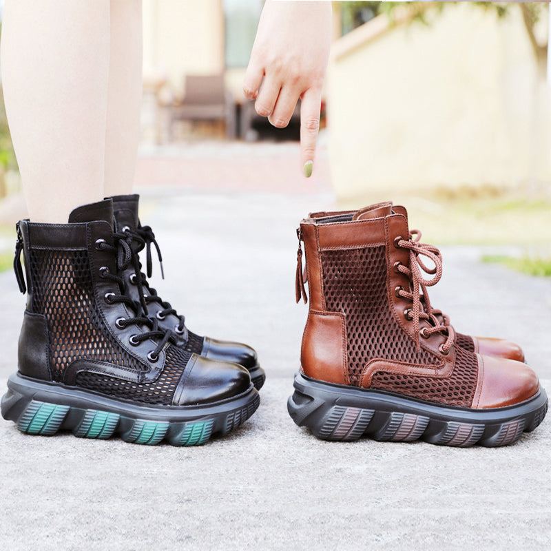 Dam Summer Hollow Mesh Läder Retro Casual Stövlar Boots Stövlar