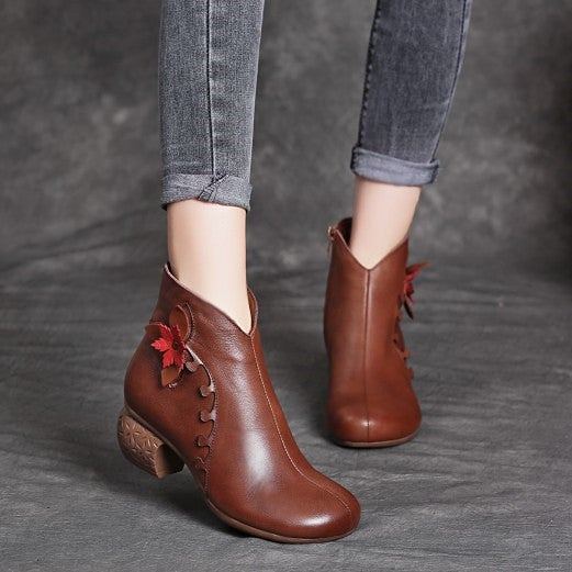 Dam Vinter Vår Plysch Retro Blommig Läder Casual Stövlar Boots