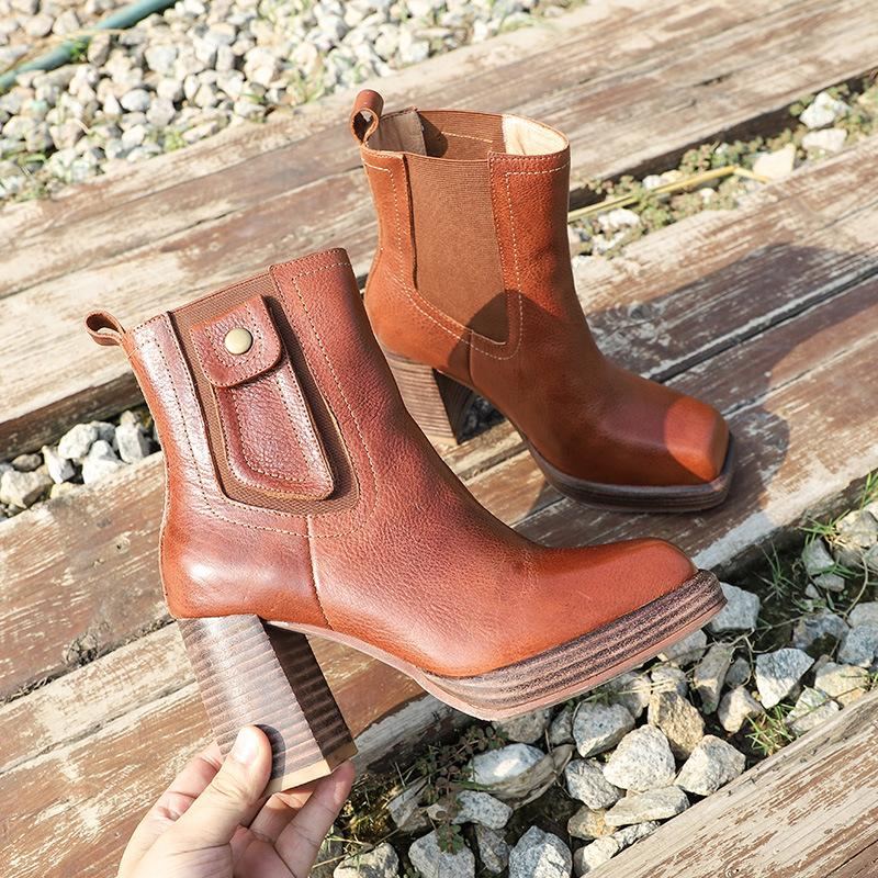 Höst Retro Resilient Läder Högklackat Boots Stövlar