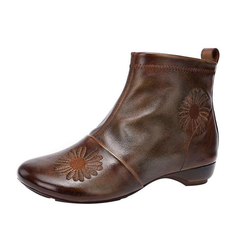 Höst Vinter Läder Retro Blommiga Runda Head Boots