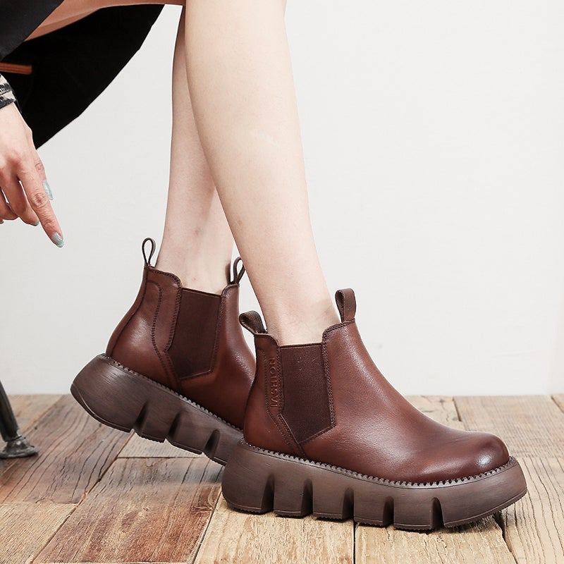 Kvinnor Retro Läder Spring Round Head Boots Stövlar