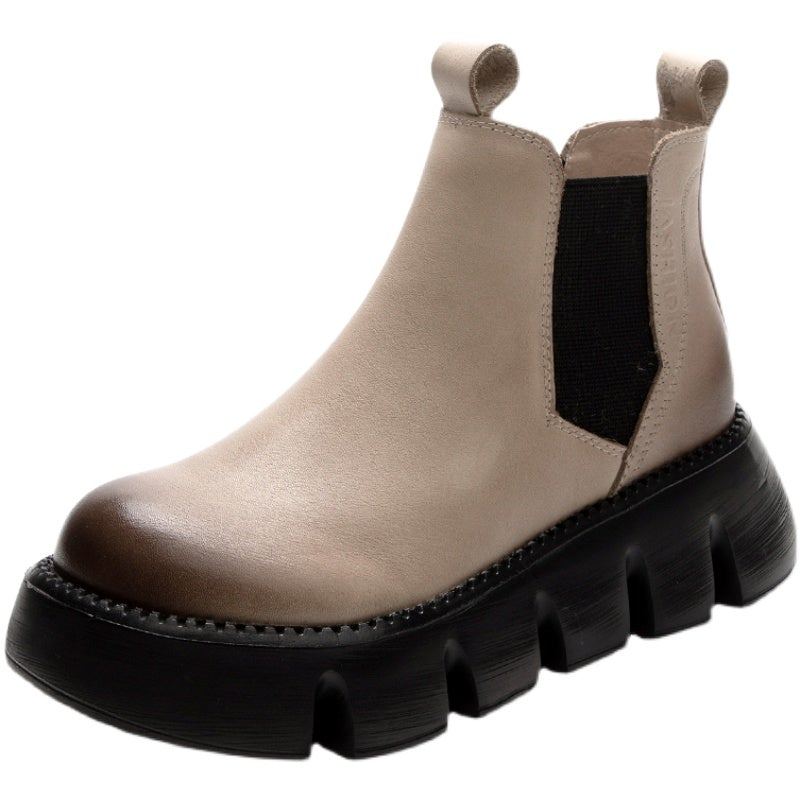 Kvinnor Retro Läder Spring Round Head Boots Stövlar