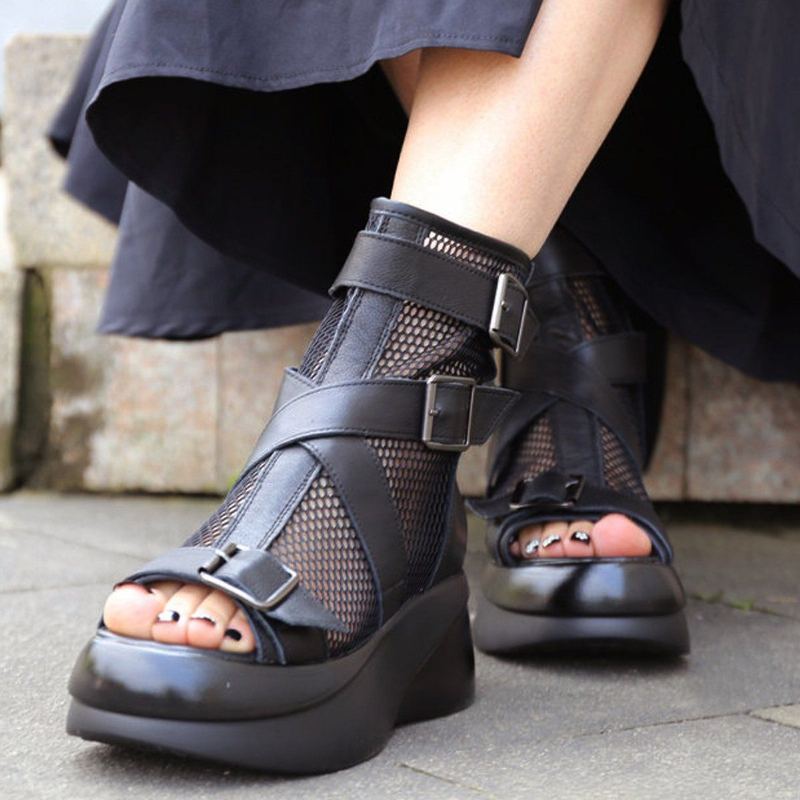 Kvinnor Sommar Peep Toe Läder Mesh Casual Stövlar Med Justerbar Spänne