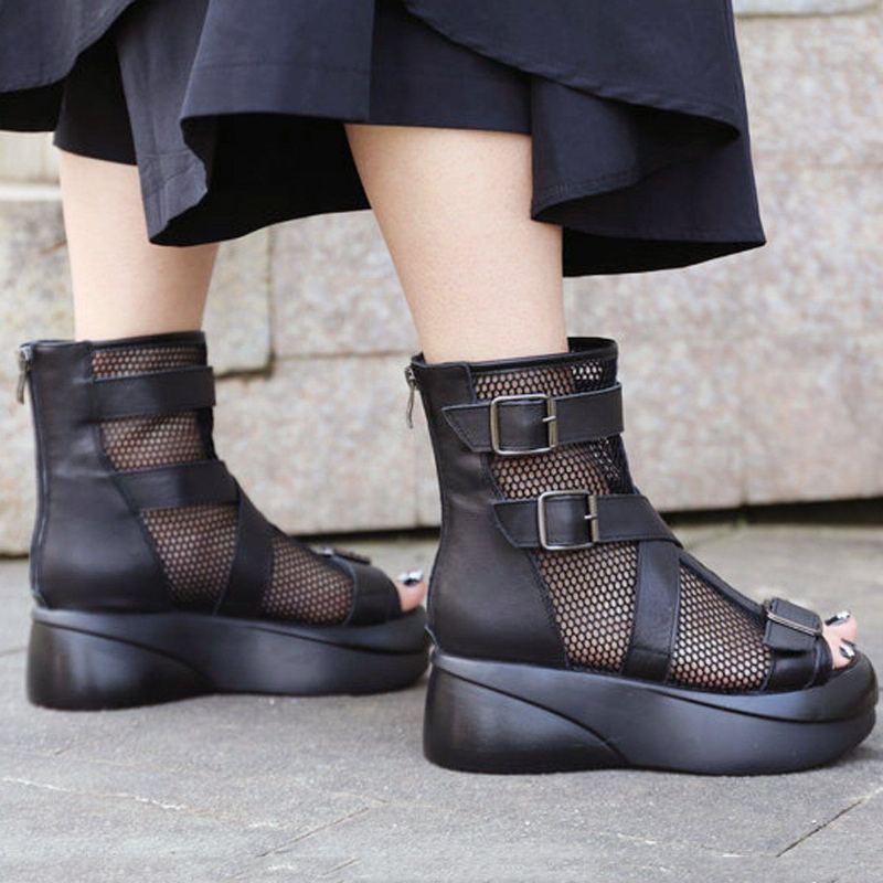 Kvinnor Sommar Peep Toe Läder Mesh Casual Stövlar Med Justerbar Spänne