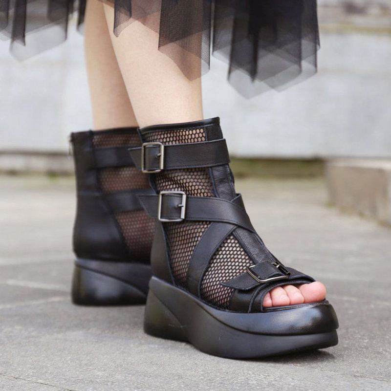 Kvinnor Sommar Peep Toe Läder Mesh Casual Stövlar Med Justerbar Spänne