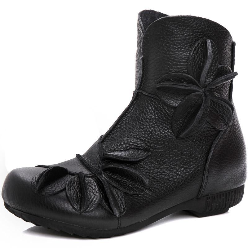 Läder Etnisk Stil Single Flowers Boots