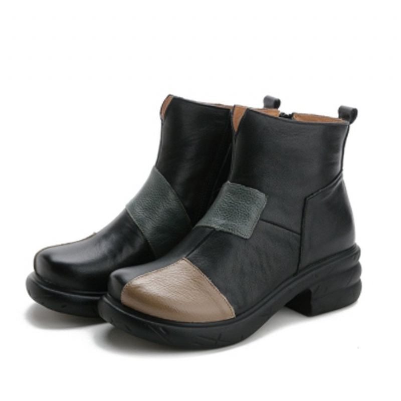 Läder Mid Heel Patchwork Color Block Ankelboots