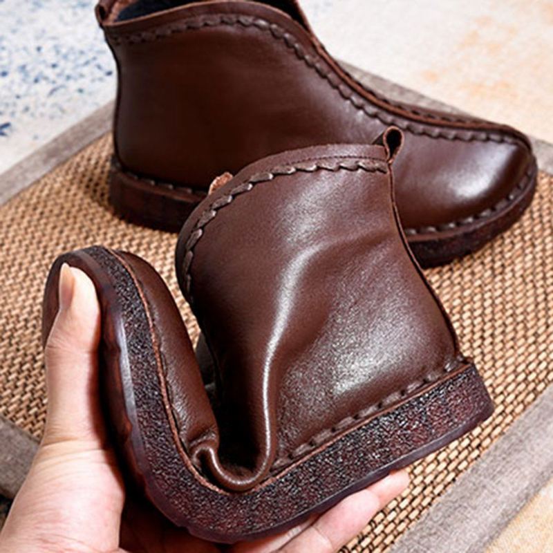 Läder Vintage Etnisk Stil Mjuka Damankelboots (tillagda Plyschstilar)