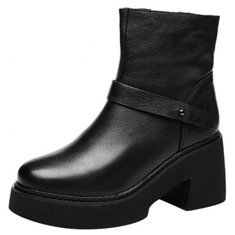 Läderplattform Spänne Höga Klackar Retro Martin Boots Stövlar