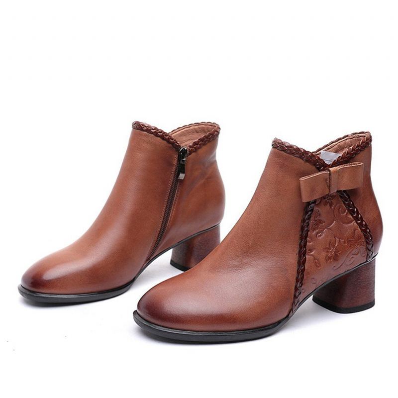 Präglat Läder Rosett-knut Chunky Heels Boots