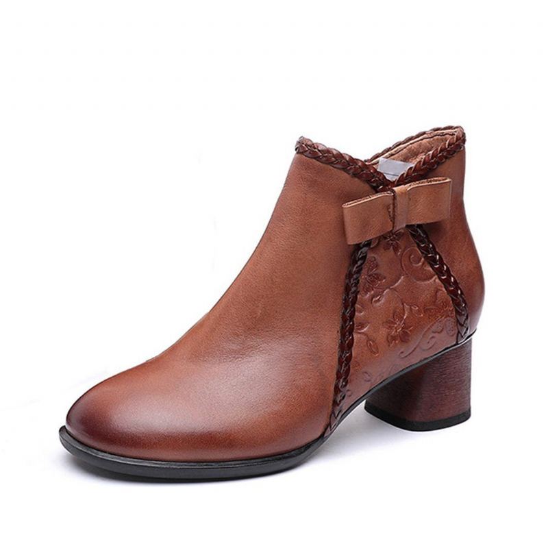 Präglat Läder Rosett-knut Chunky Heels Boots