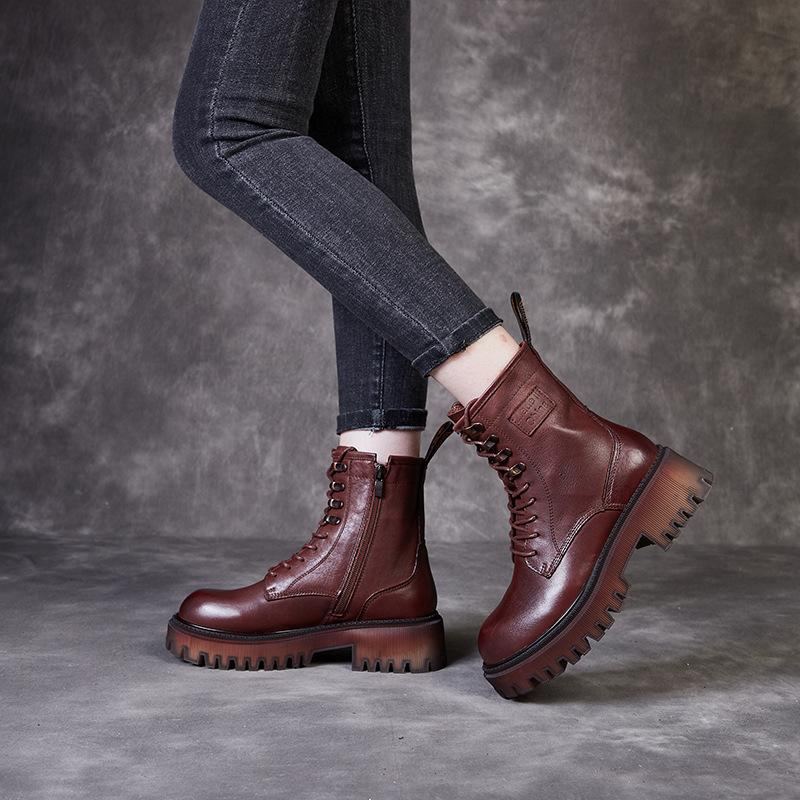 Retro Läder Höst Handgjorda Runda Head Boots Stövlar