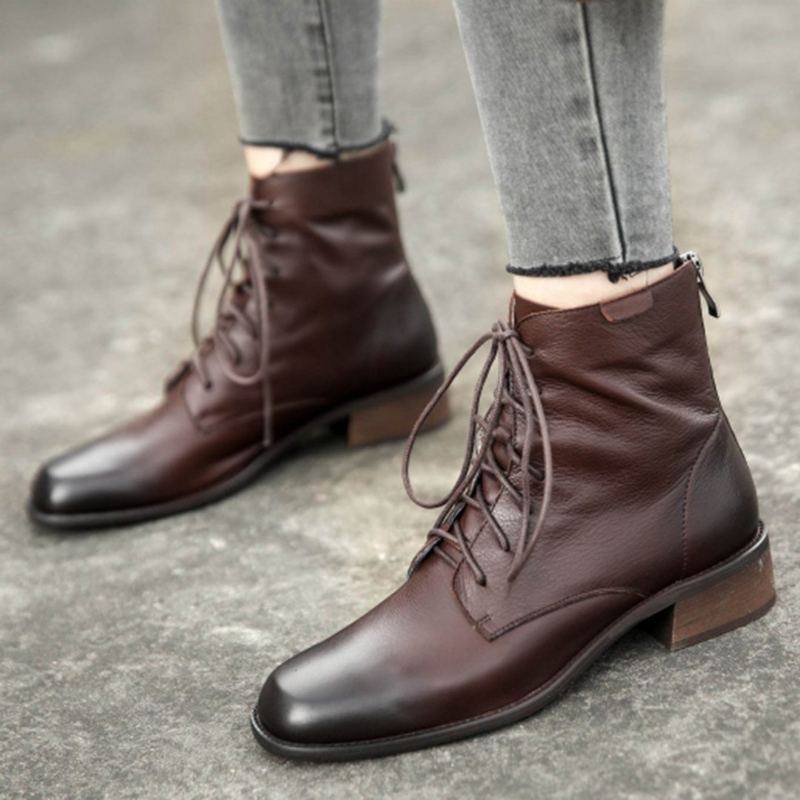 Simple Leather Lace Up Dam Martin Boots Stövlar