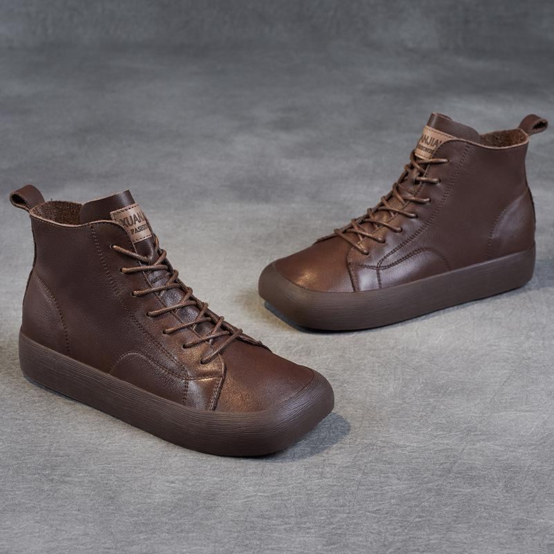 Vår Höst Retro Läder Platta Casual Fyrkantiga Head Boots