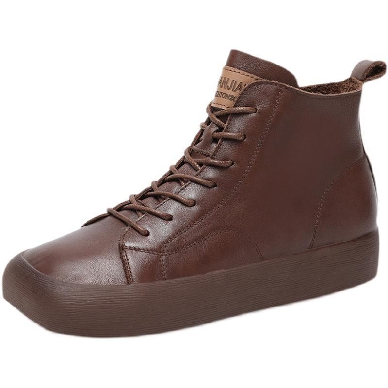 Vår Höst Retro Läder Platta Casual Fyrkantiga Head Boots