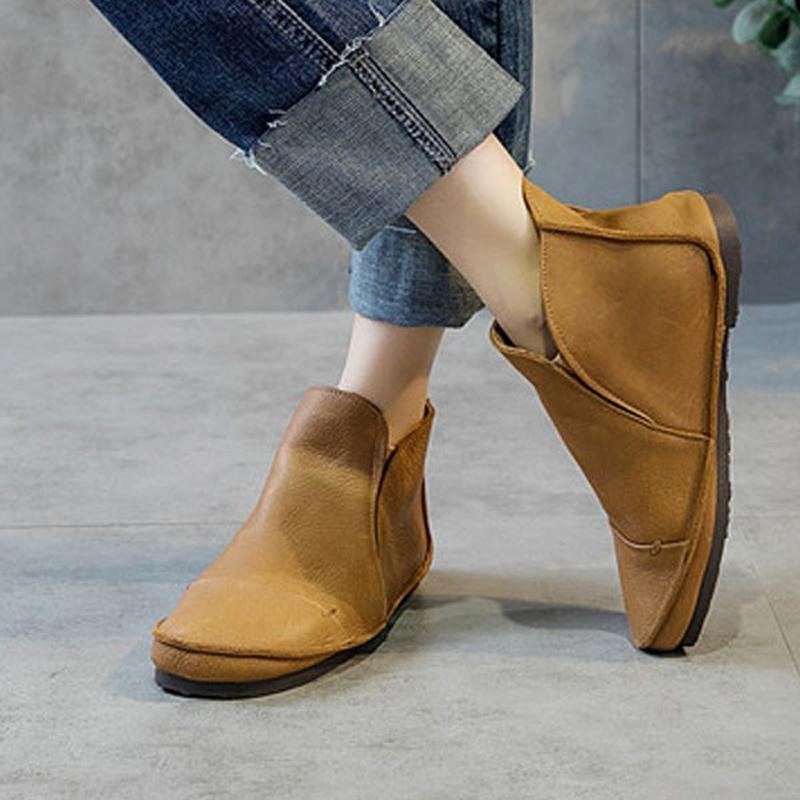 Vintage Läder Sömnad Slip On Round Toe Boots