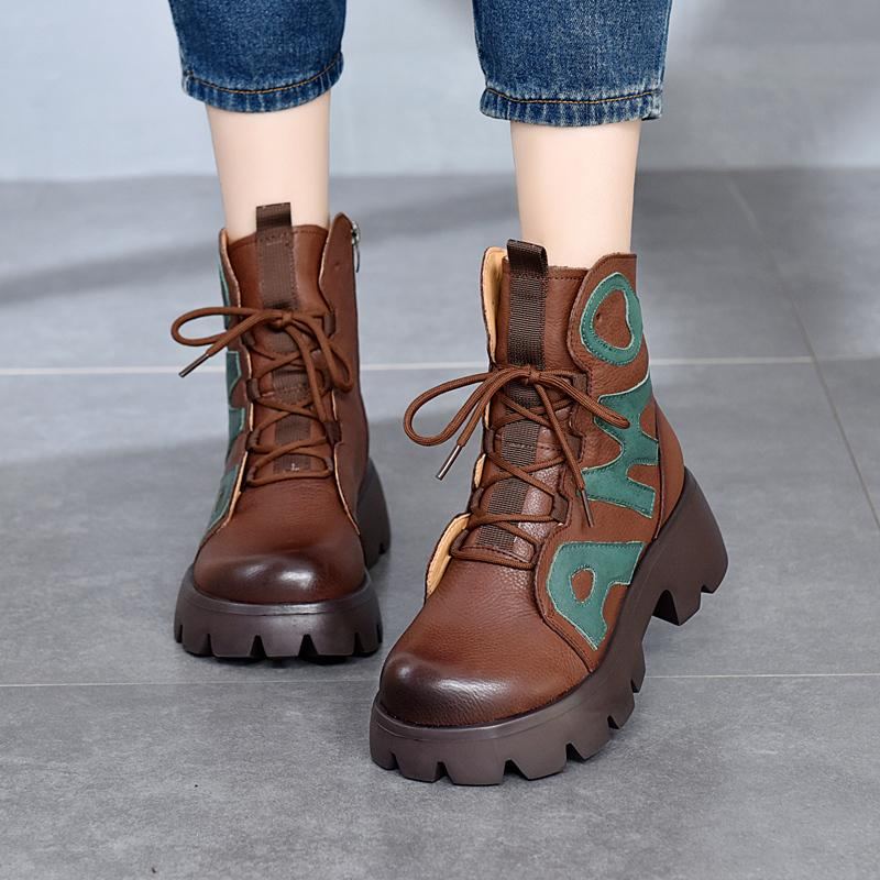 Vinter Retro Läder Patchwork Platform Casual Stövlar Boots