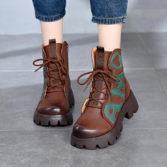 Vinter Retro Läder Patchwork Platform Casual Stövlar Boots