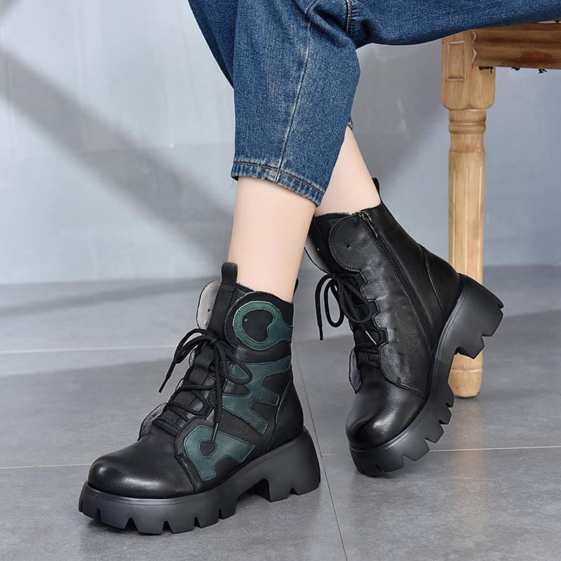 Vinter Retro Läder Patchwork Platform Casual Stövlar Boots