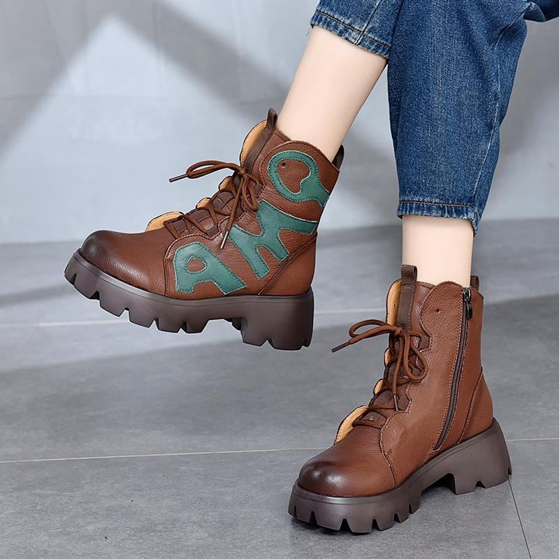 Vinter Retro Läder Patchwork Platform Casual Stövlar Boots