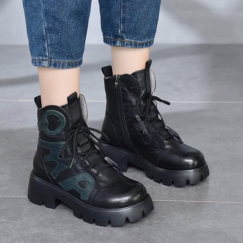 Vinter Retro Läder Patchwork Platform Casual Stövlar Boots