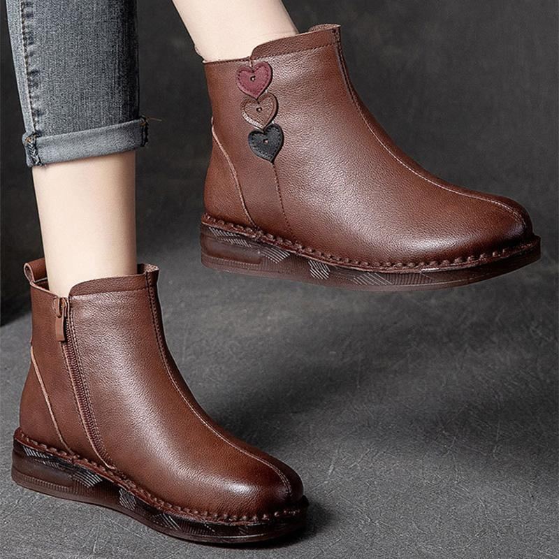 Vinter Retro Plysch Love Heart Leather Casual Ankel Boots Stövlar