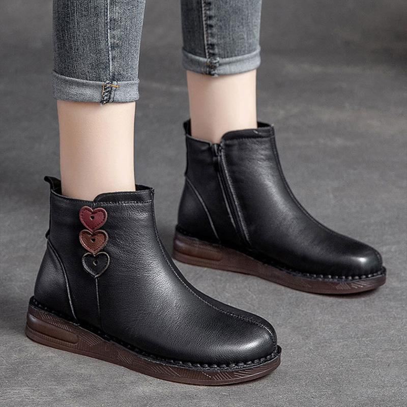 Vinter Retro Plysch Love Heart Leather Casual Ankel Boots Stövlar