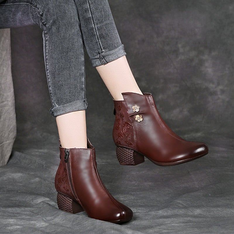 Vinterplysch Retro Läder Blomdekoration Casual Stövlar Boots