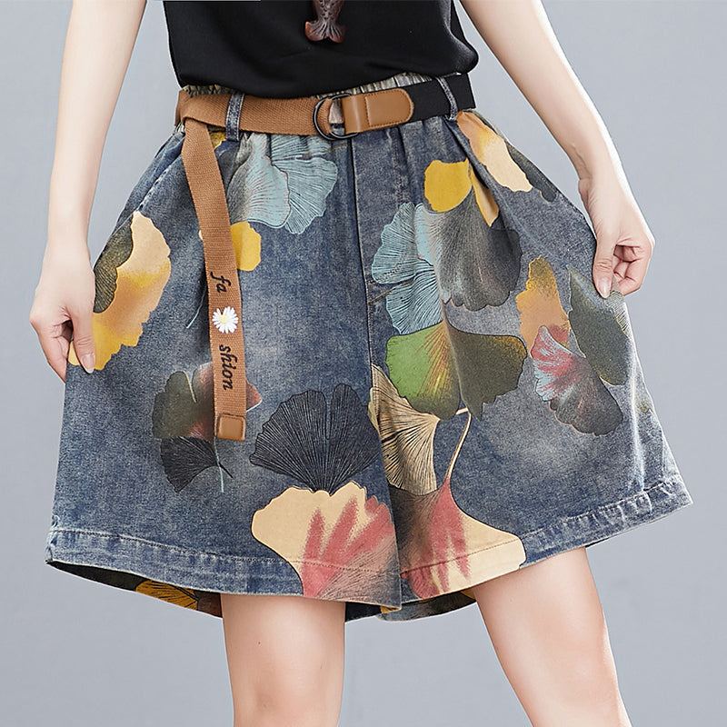 Dam Sommar Retro Blommig Denim Loose Shorts