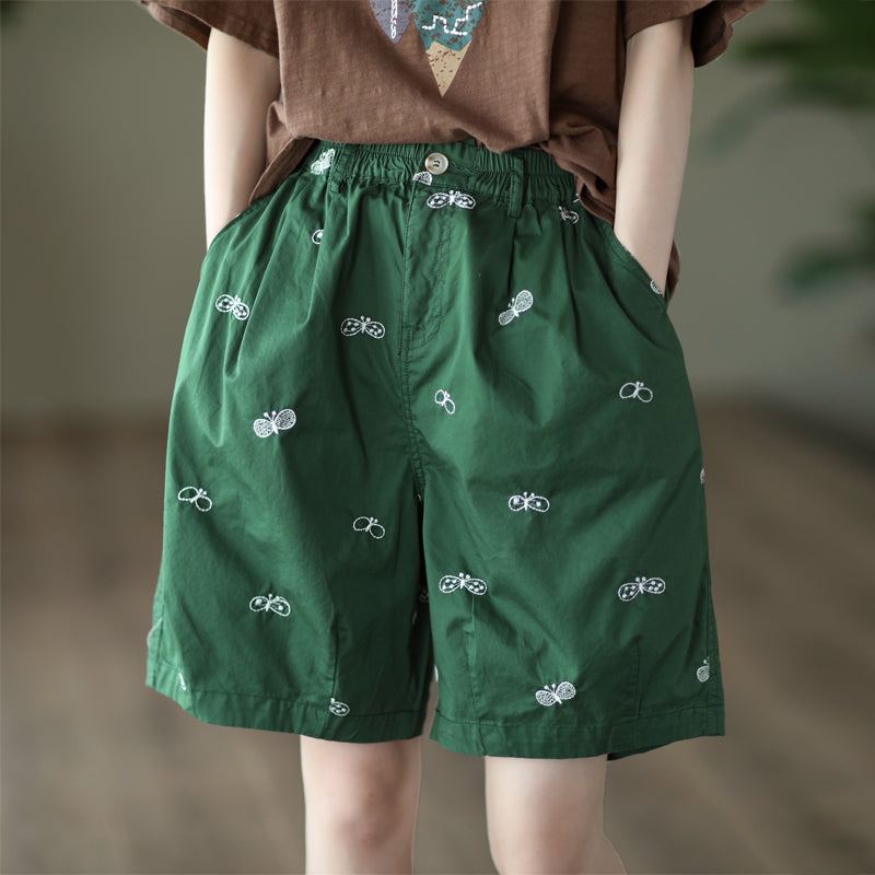 Dam Sommar Retro Butterfly Brodery Shorts I Bomull