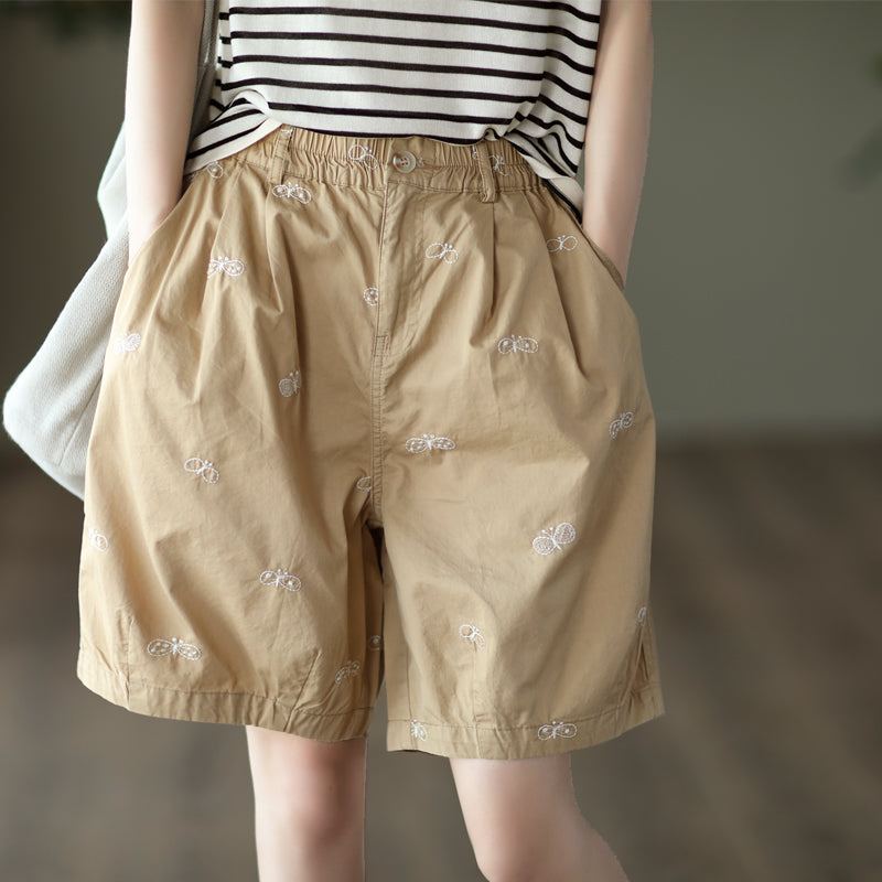 Dam Sommar Retro Butterfly Brodery Shorts I Bomull