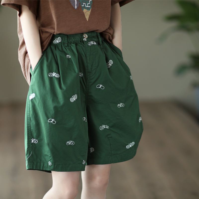 Dam Sommar Retro Butterfly Brodery Shorts I Bomull