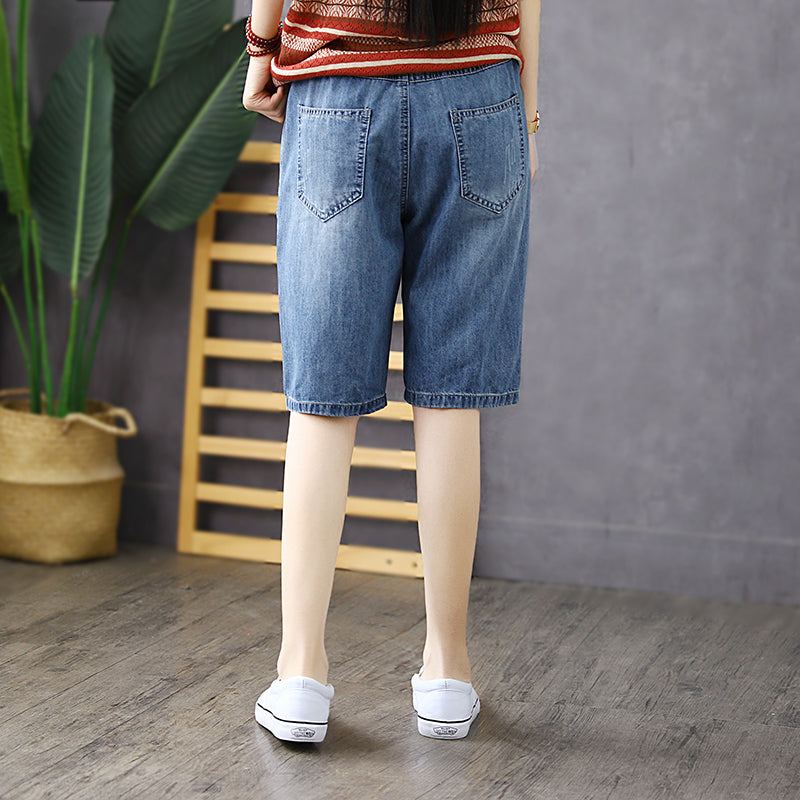 Dam Sommar Vintage Broderi Bomulls Denim Shorts