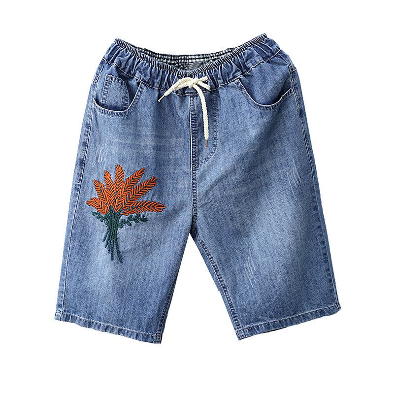 Dam Sommar Vintage Broderi Bomulls Denim Shorts