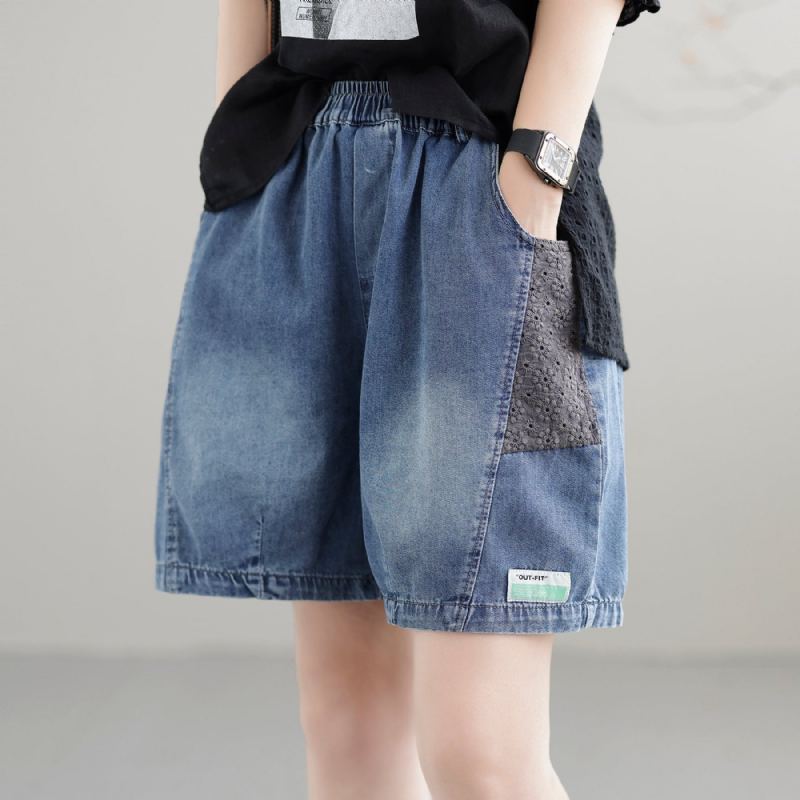 Dam Summer Patchwork Retro Lösa Denimshorts I Bomull