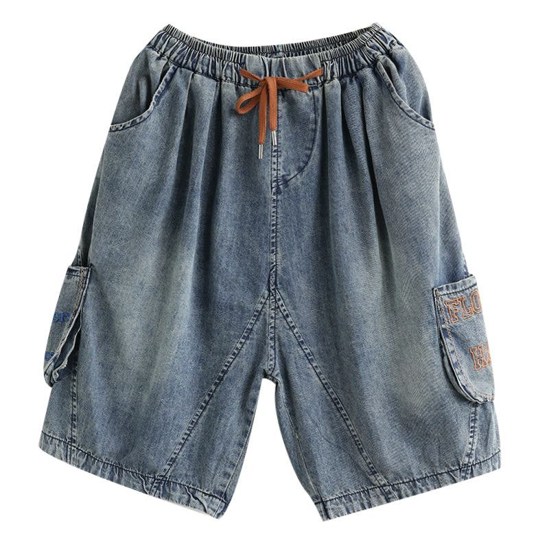 Kvinnor Sommar Vintage Broderi Bomulls Denim Shorts