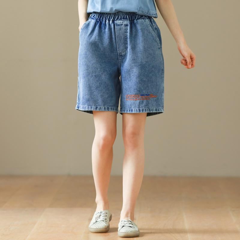 Lösa Elastiska Midja Bokstäver Broderi Bomull Denim Shorts