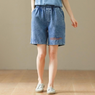 Lösa Elastiska Midja Bokstäver Broderi Bomull Denim Shorts