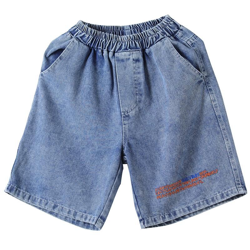 Lösa Elastiska Midja Bokstäver Broderi Bomull Denim Shorts