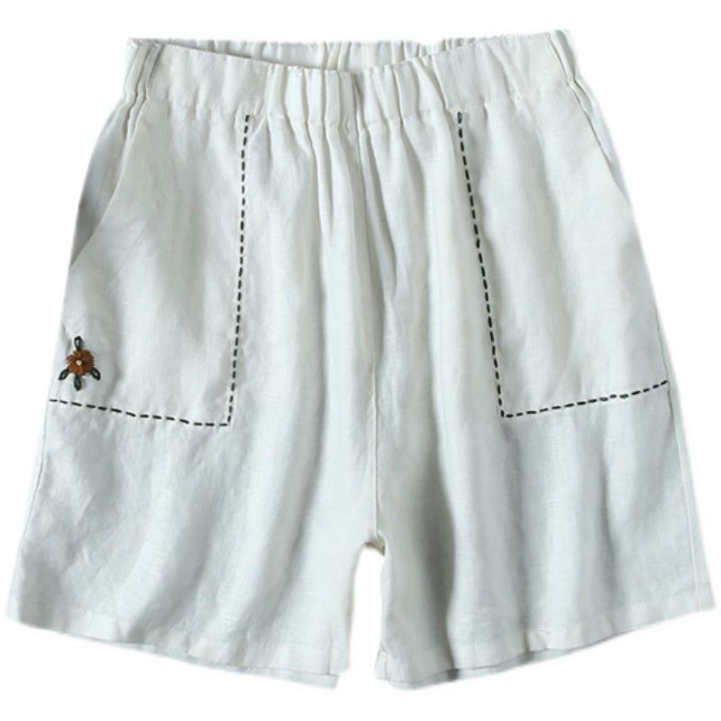 Sommar Linnebroderi Retro Lösa Shorts