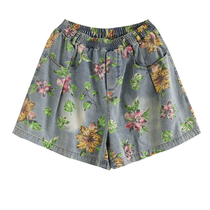 Sommar Lösa Kvinnor Blommiga Tryckta Jeansshorts I Bomull