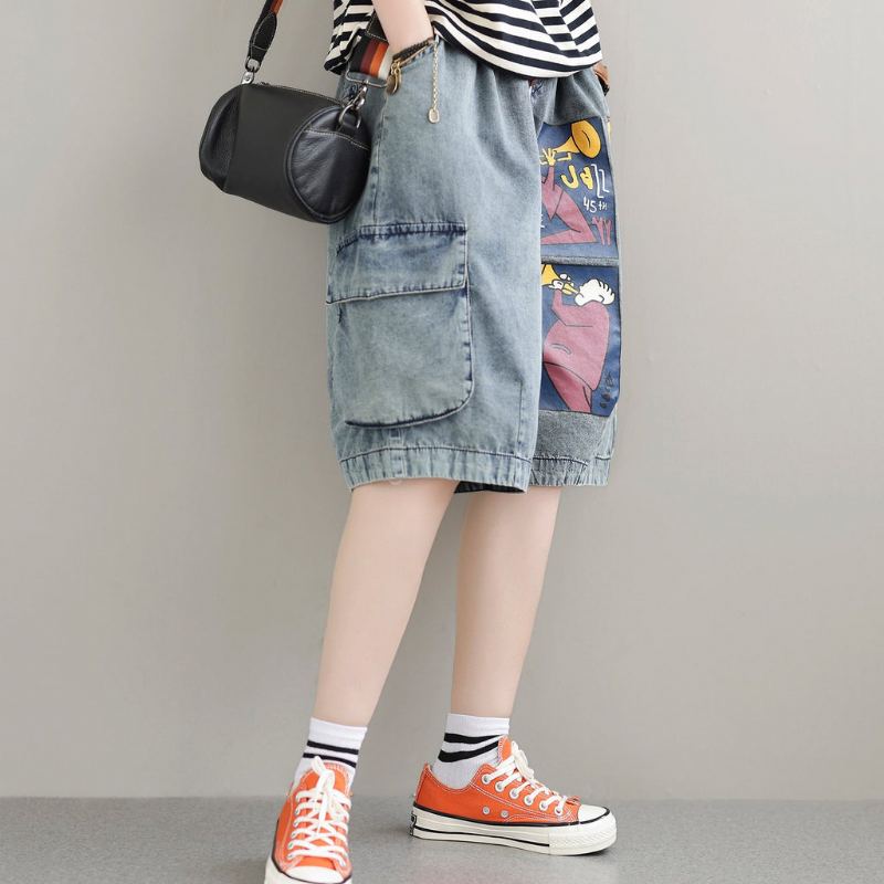 Summer Loose Retro Printed Cotton Denim Shorts