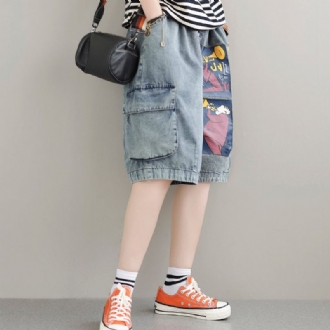 Summer Loose Retro Printed Cotton Denim Shorts