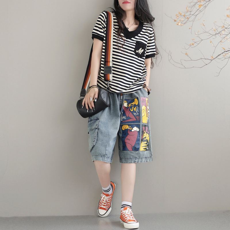 Summer Loose Retro Printed Cotton Denim Shorts