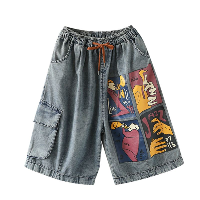 Summer Loose Retro Printed Cotton Denim Shorts