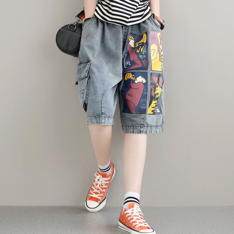 Summer Loose Retro Printed Cotton Denim Shorts